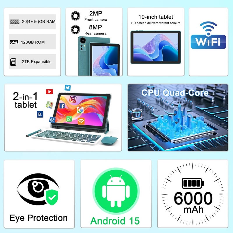 CUPEISI Android 15 Tablet 10 Inch, 20GB RAM+128GB ROM/ 2TB Expandable, 2.0GHz Quad-core Processor, 1280*800 HD Screen, 5G WiFi6 BT 5.0, 2 in 1 Tablets with Keyboard Case Mouse Stylus, Widevine L1 Blue - Image 2